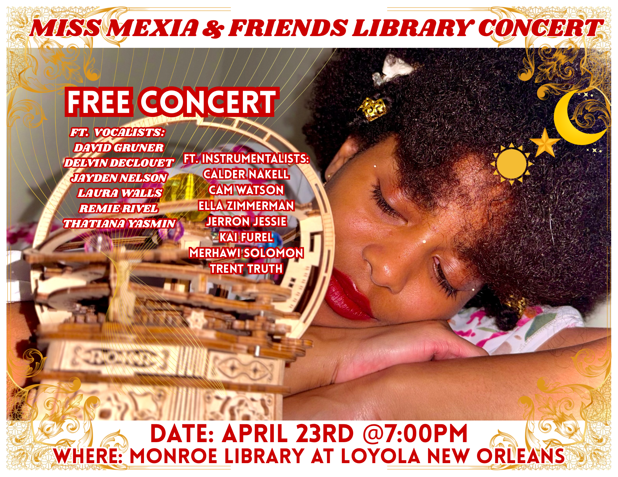 Miss Mexia Library Concert and featured artists flyer